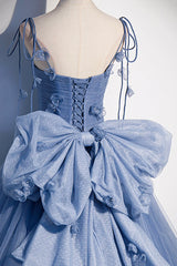 Blue Spaghetti Strap Tulle with Flowers Long Formal Dress Outfits For Girls, Blue Party Dress Outfits For Women with Bow