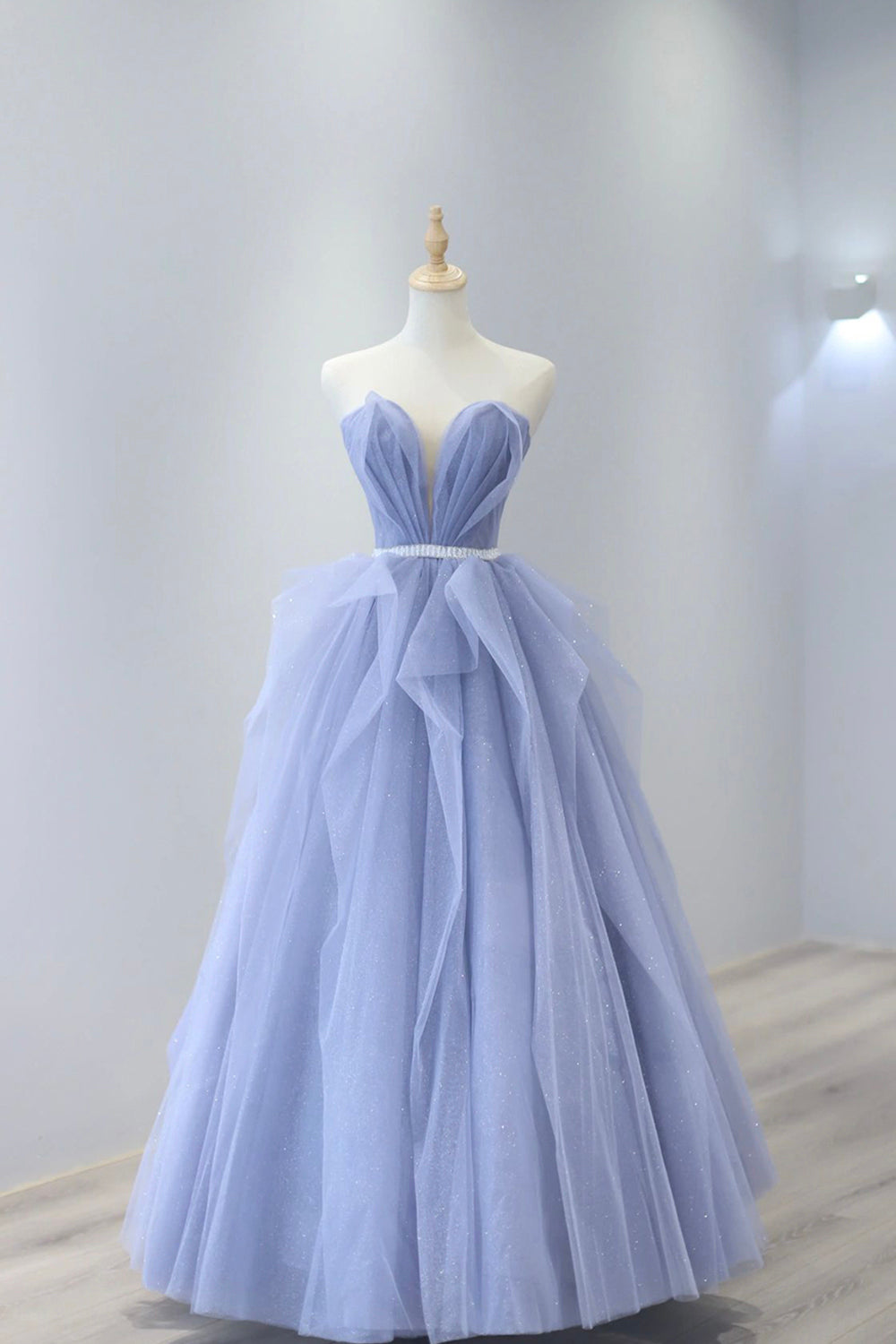 Blue Strapless Tulle Long Prom Dress Outfits For Girls, Lovely Sweetheart Neckline Evening Dress