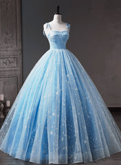 Blue Straps Tulle Floral Long Prom Dress Outfits For Girls, Blue Formal Dress Outfits For Women Party Dress