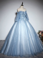 Blue Sweetheart Neck Tulle Lace Long Prom Dress Outfits For Girls, Blue Evening Dress