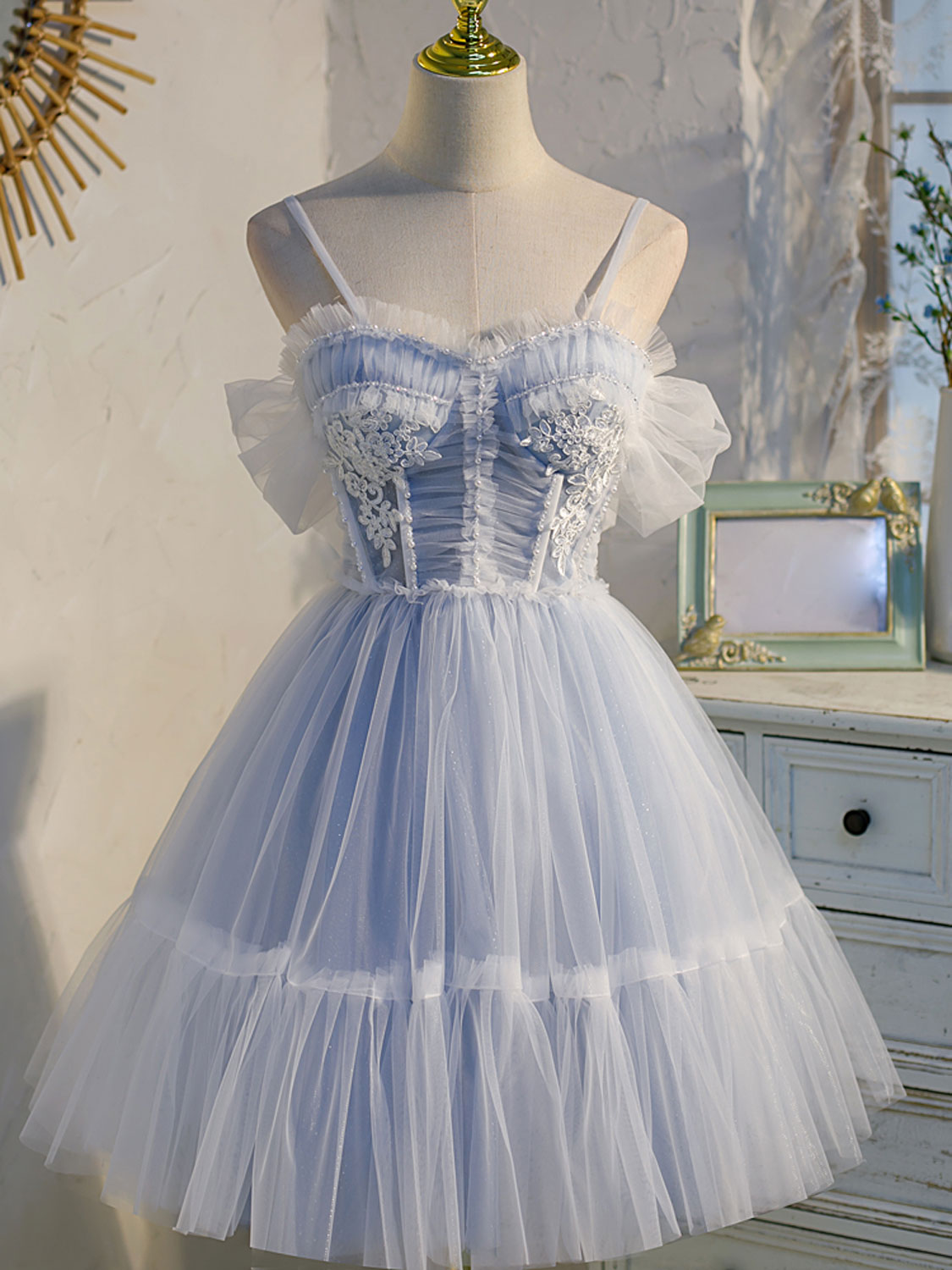Blue sweetheart neck tulle lace short prom Dress Outfits For Women blue puffy homecoming dress