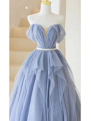 Blue Sweetheart Tulle Off-the-Shoulder Floor-Length Prom Dresses For Black girls For Women, Blue Evening Gown