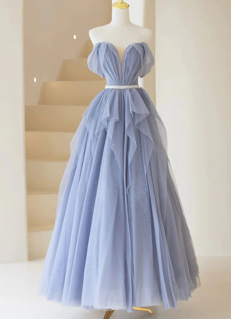 Blue Sweetheart Tulle Off-the-Shoulder Floor-Length Prom Dresses For Black girls For Women, Blue Evening Gown