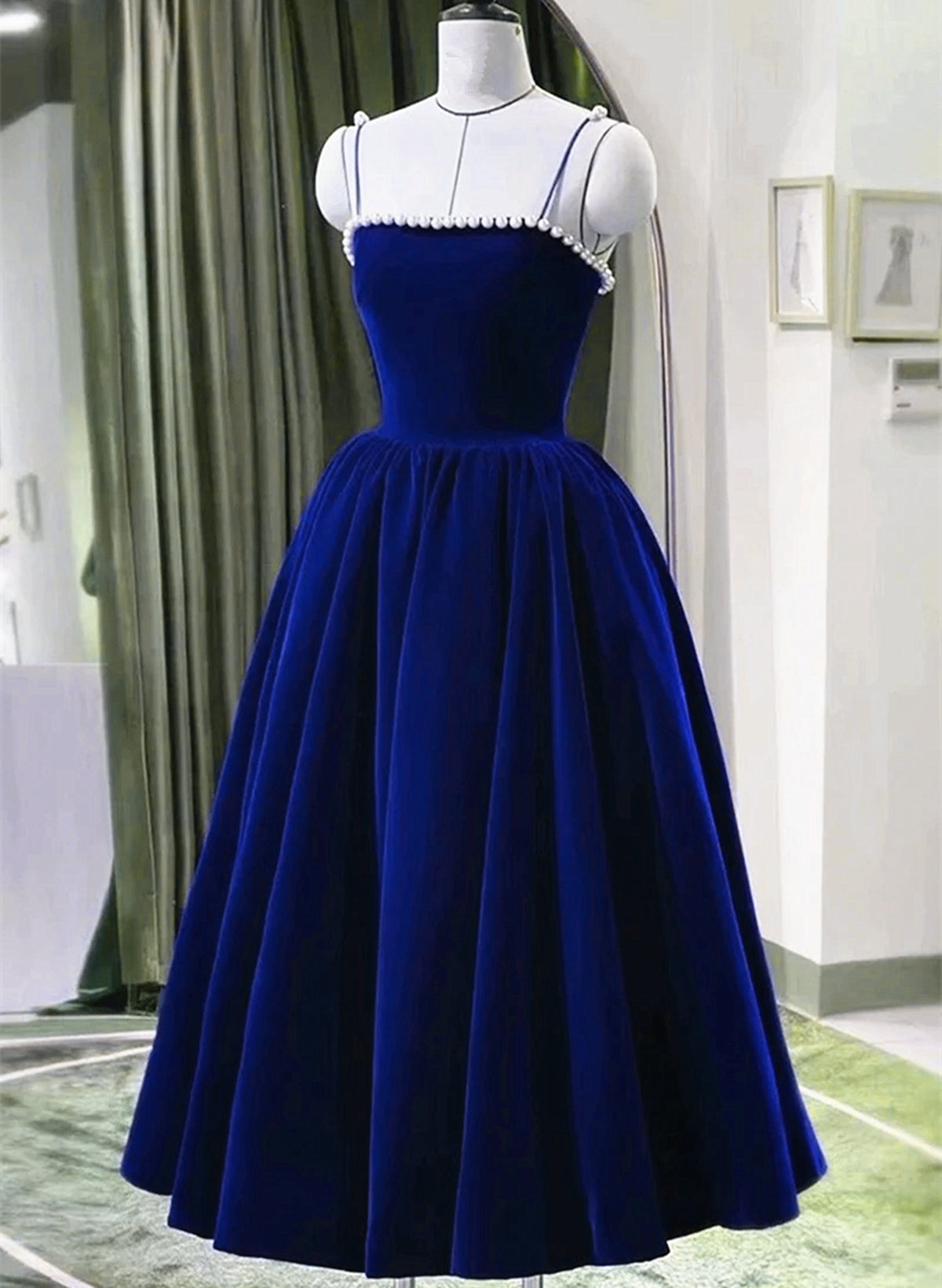 Blue Tea Length Velvet Straps Pearls Formal Dress Outfits For Girls, Blue Homecoming Dress