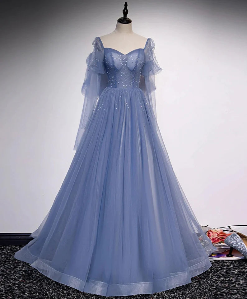 Blue Tulle Beaded Long Formal Dress Outfits For Women Party Dresses For Black girls For Women, A-line Wedding Party Dresses