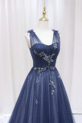 Blue Tulle Beaded Long Prom Dress Outfits For Girls, Blue A-Line Evening Party Dress