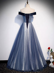 Blue Tulle Beads Long Prom Dress Outfits For Girls, Blue Tulle Formal Dress