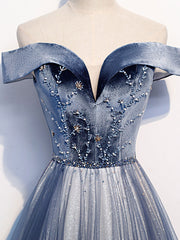 Blue Tulle Beads Long Prom Dress Outfits For Girls, Blue Tulle Formal Dress