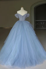 Blue Tulle Floor Length Prom Dress Outfits For Girls, Off the Shoulder Evening Dress Outfits For Women with 3D Flowers