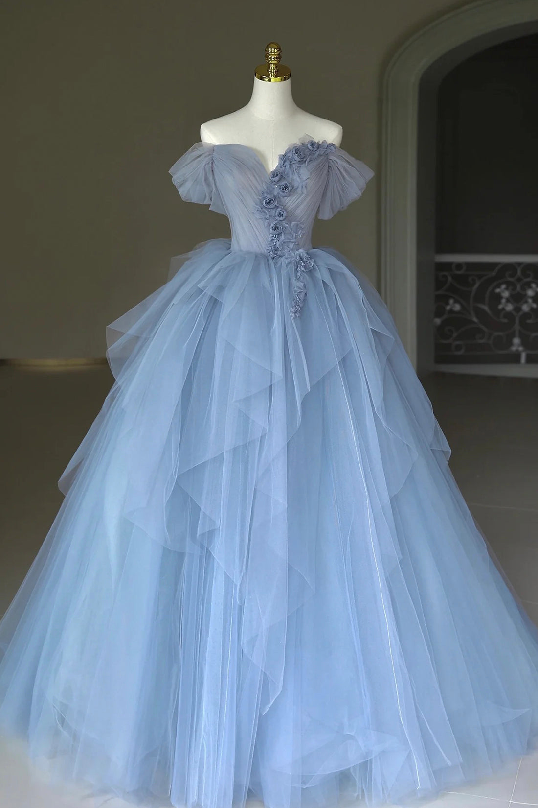 Blue Tulle Floor Length Prom Dress Outfits For Girls, Off the Shoulder Evening Dress Outfits For Women with 3D Flowers