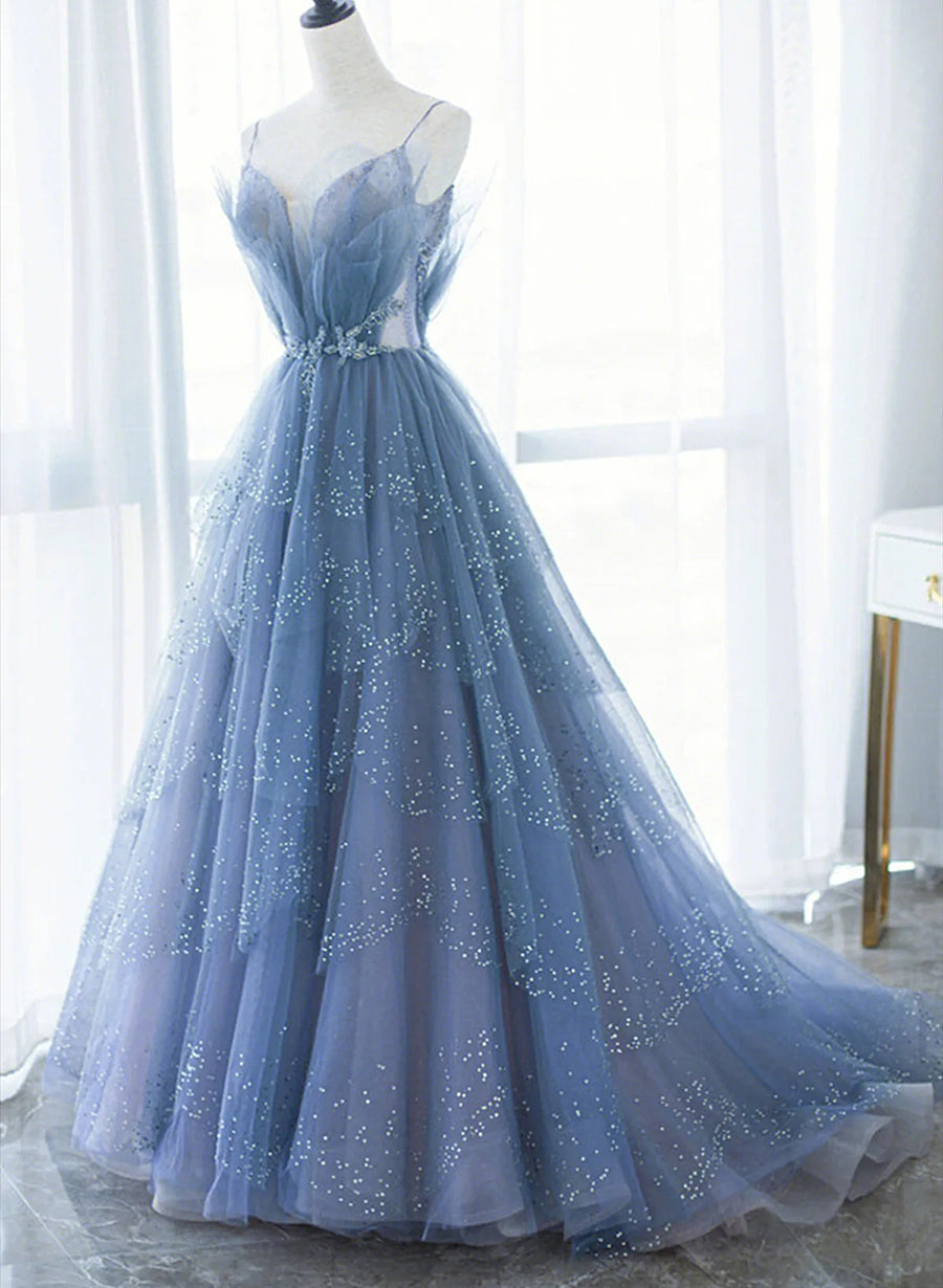 Blue Tulle Gorgeous V Neck Long Prom Dress Outfits For Girls, A-line Tulle Formal Evening Dress