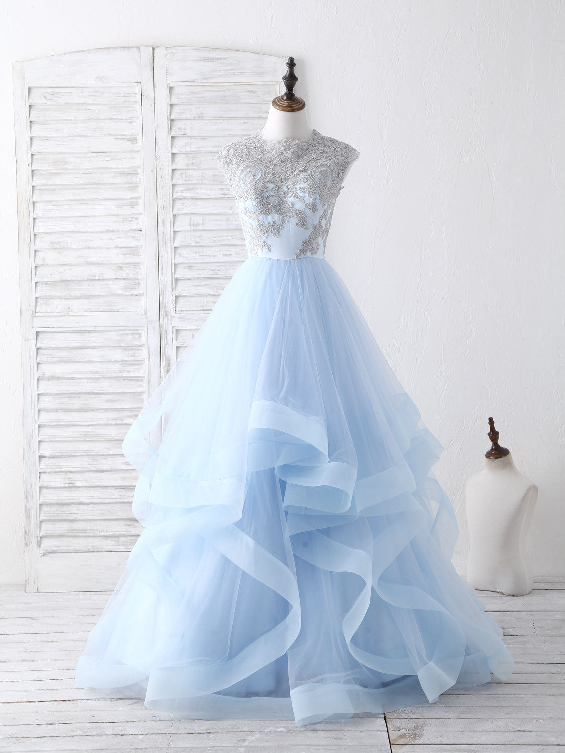 Blue Tulle Lace Applique Long Prom Dress Outfits For Women Blue Tulle Sweet 16 Dress