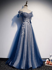 Blue Tulle Lace Long Prom Dress Outfits For Girls, Blue Tulle Lace Bridesmaid Dress