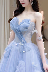 Blue Tulle Long A-Line Prom Dress Outfits For Women Party Dress Outfits For Girls, Blue Evening Dress
