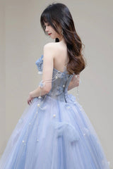 Blue Tulle Long A-Line Prom Dress Outfits For Women Party Dress Outfits For Girls, Blue Evening Dress