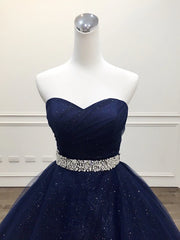 Blue Tulle Long Evening Gown Party Dress Outfits For Girls, Navy Blue Sweet 16 Gown