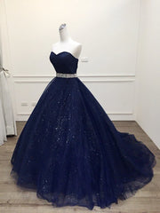 Blue Tulle Long Evening Gown Party Dress Outfits For Girls, Navy Blue Sweet 16 Gown