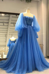 Blue Tulle Long Sleeve Prom Dress Outfits For Girls, A-Line Tulle Formal Evening Dress