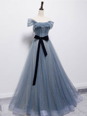 Blue Tulle Off Shoulder Sequin Long Prom Dress Outfits For Women Blue Evening Dress