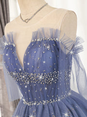Blue Tulle Sequin Short Prom Dress Outfits For Girls, Puffy Blue Homecoming Dress