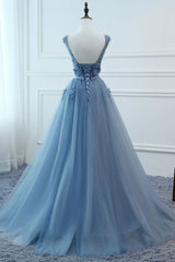 Blue Tulle V-neckline Long Party Dress Outfits For Women , Tulle Formal Dress