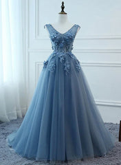 Blue Tulle V-neckline Long Party Dress Outfits For Women , Tulle Formal Dress