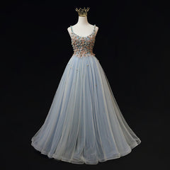 Blue Tulle with Flowers Straps Long Evening Dress Outfits For Girls, Blue Prom Party Dresses