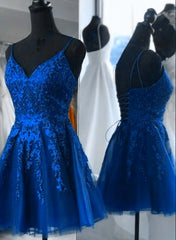 Blue Tulle with Lace Straps Short Homecoming Dress Outfits For Girls, V-neckline Blue Prom Dresses