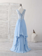 Blue V Neck Applique Chiffon Long Prom Dress Outfits For Women Lace Bridesmaid Dress
