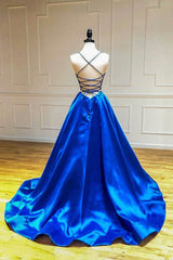 Blue V-Neck Satin Long Evening Dress Outfits For Girls, A-Line Backless Prom Dress