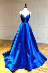 Blue V-Neck Satin Long Evening Dress Outfits For Girls, A-Line Backless Prom Dress