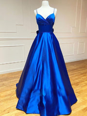 Blue v neck satin long prom Dress Outfits For Girls, blue evening dress