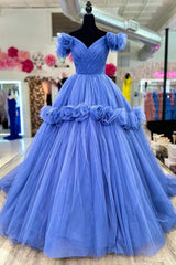 Blue V-neck Tulle Formal Dress Outfits For Women with Flowers, Blue Formal Dress Outfits For Women Sweet 16 Dress