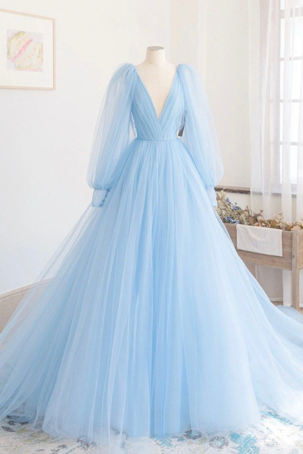 Blue V-Neck Tulle Long Prom Dress Outfits For Girls, A-Line Long Sleeve Evening Dress
