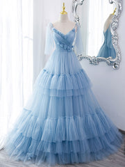 Blue v neck tulle long prom Dress Outfits For Girls, blue tulle formal dress