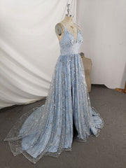Blue V Neck Tulle Sequin Long Prom Dress Outfits For Girls, Blue Aline Formal Graduation Dress