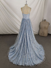 Blue V Neck Tulle Sequin Long Prom Dress Outfits For Girls, Blue Aline Formal Graduation Dress