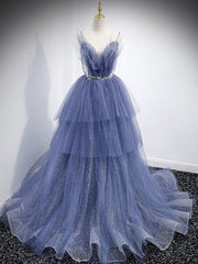 Blue v neck tulle sequin long prom Dress Outfits For Girls, blue evening dress