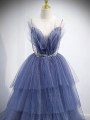 Blue V Neck Tulle Sequin Long Prom Dress Outfits For Girls, Blue Tulle Formal Dress