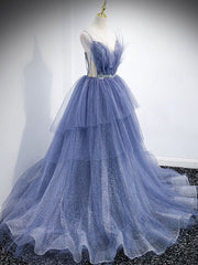 Blue V Neck Tulle Sequin Long Prom Dress Outfits For Girls, Blue Tulle Formal Dress