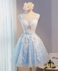 Blue V Neck Tulle Short Prom Dress Outfits For Girls, Blue Homecoming Dresses