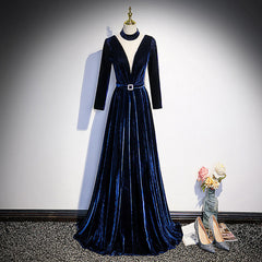 Blue Velvet Long Sleeves Floor Length Wedding Party Dress Outfits For Girls, Blue Formal Gown