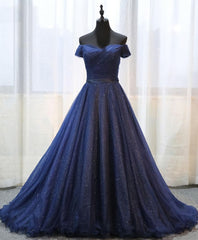 Dark Blue Shining Tulle Long Prom Dress, Evening Dress