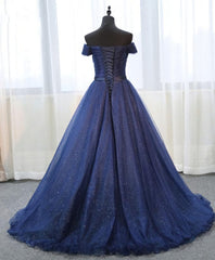 Dark Blue Shining Tulle Long Prom Dress, Evening Dress