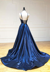 Simple Satin Long Prom Dresses, A Line Blue Evening Dresses