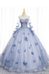 Blå lange ermer tyll promen med blomster, puffy av skulderen quinceanera kjole