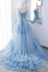 A Line V Neck Tiered Long Tulle Prom Dress, Evening Gown with Flower