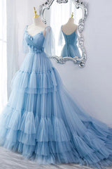 A Line V Neck Tiered Long Tulle Prom Dress, Evening Gown with Flower