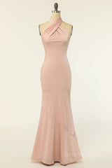 Blush Pink Mermaid Cross Front High Neck Long Bridesmaid Dress