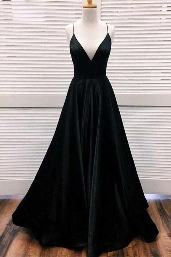 Pleats Black Long Prom Dresses With High Slit Front Evening Dress With Pockets